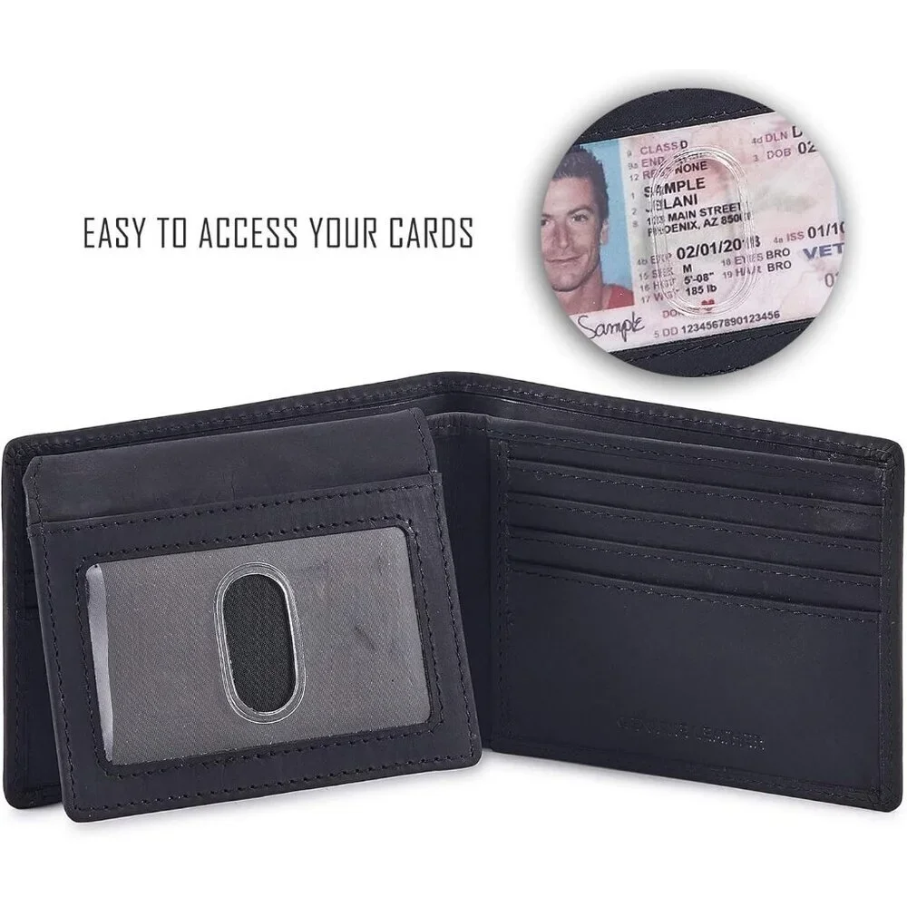Men's Unique Metal Real Slim Black Genuine Vintage Leather Stylish Wallet